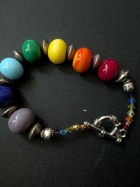 Artisan Lampwork Rainbow Glass Bead Toggle Bracelet Silver Spacer Accents